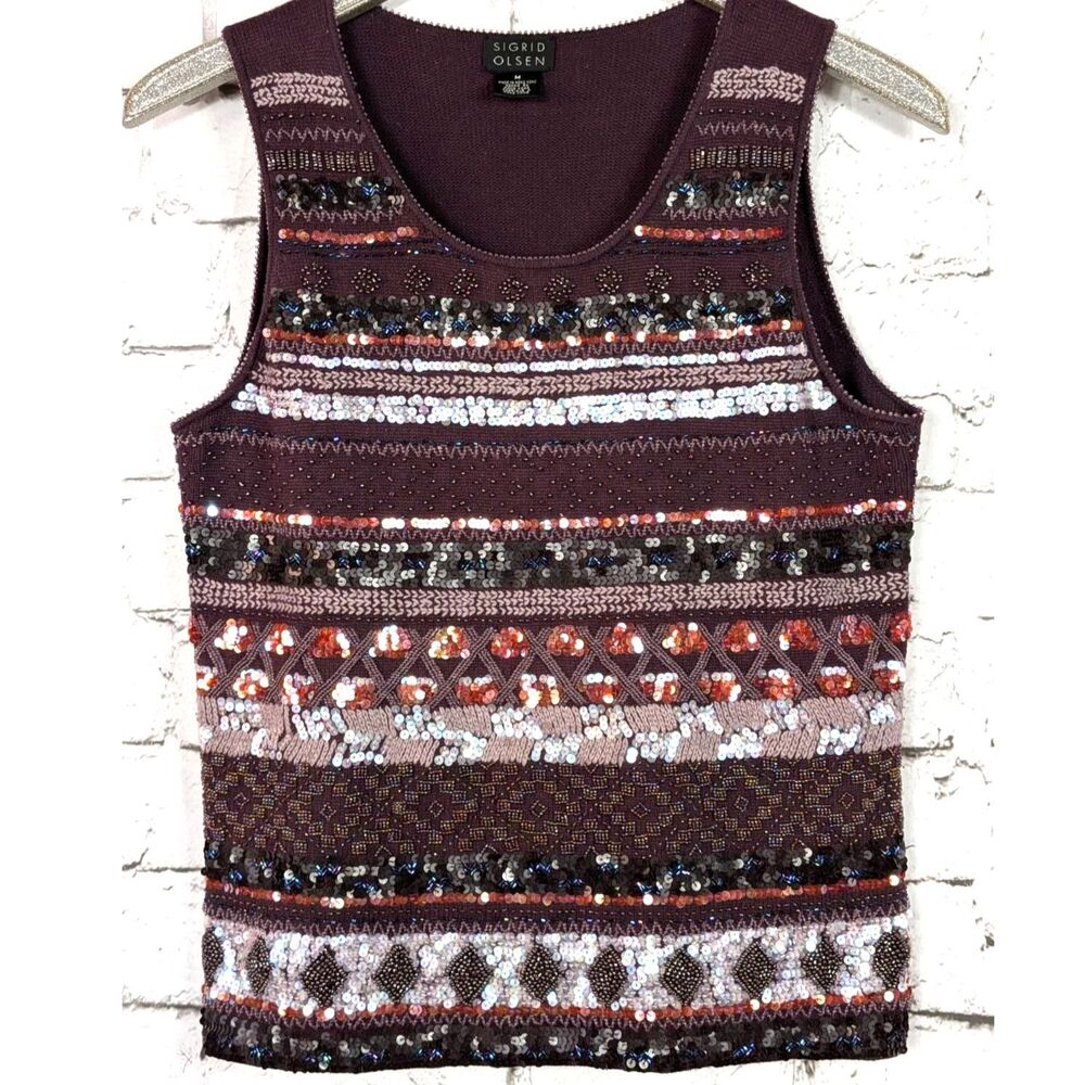 VINTAGE Y2K Sigrid Olsen Beaded Sequined Angora Cashmere Wool Silk Knit Tank MED